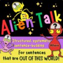Alien-themed sentence-building educational graphic.