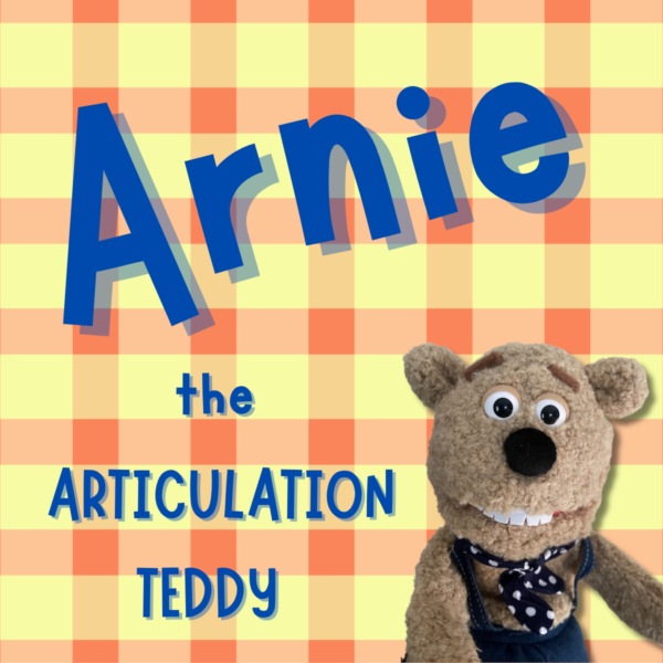 Arnie the Articulation Teddy bear on orange plaid.